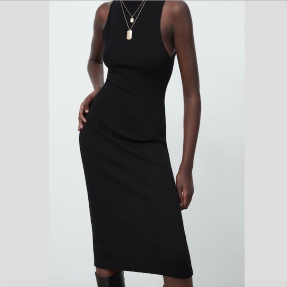 Zara High Collar Rib Dress Black Size M NWT